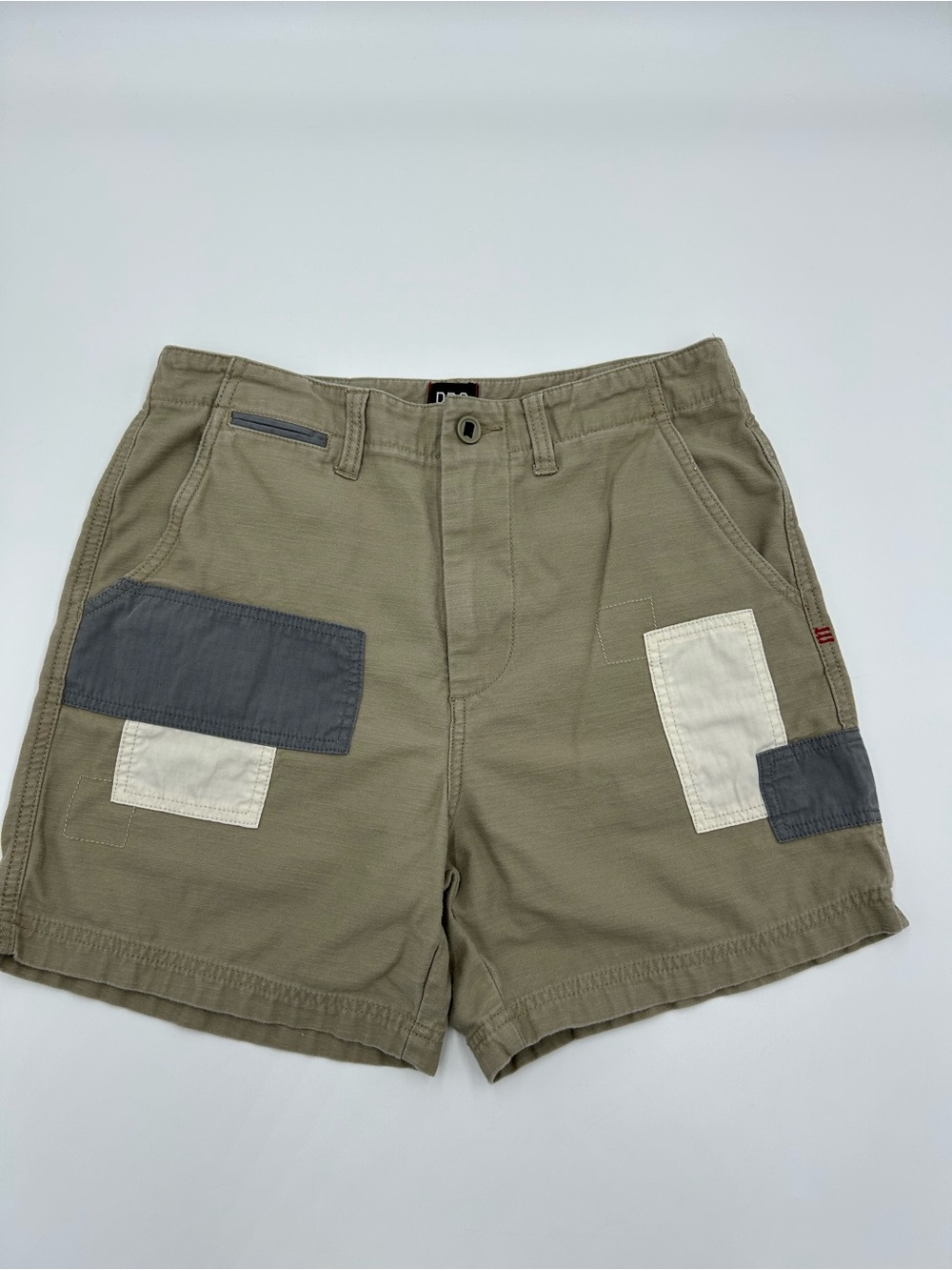 BDG Men’s Olive Patchwork Cargo Shorts with Gray and Cream Accents 30